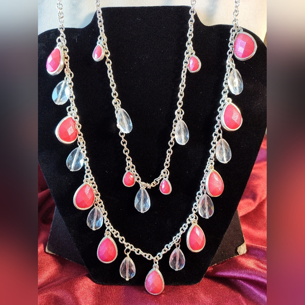 Elegant Fuscia Pink & Clear Tear Drop Multi-strand and Silver Tone Necklace